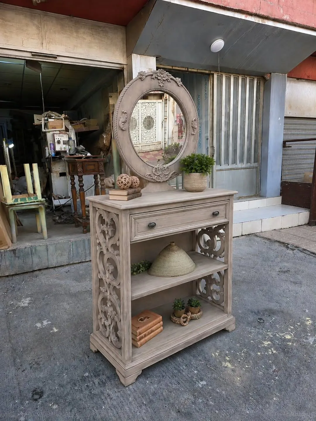 Ornate Wooden Console Table with Mirror