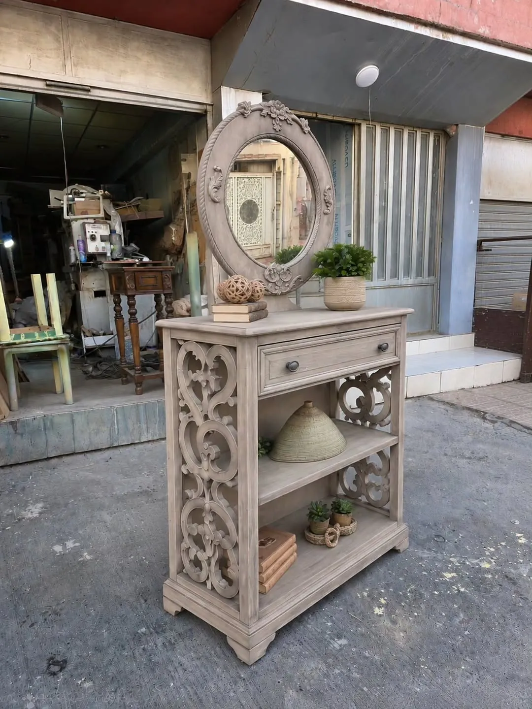 Ornate Wooden Console Table with Mirror