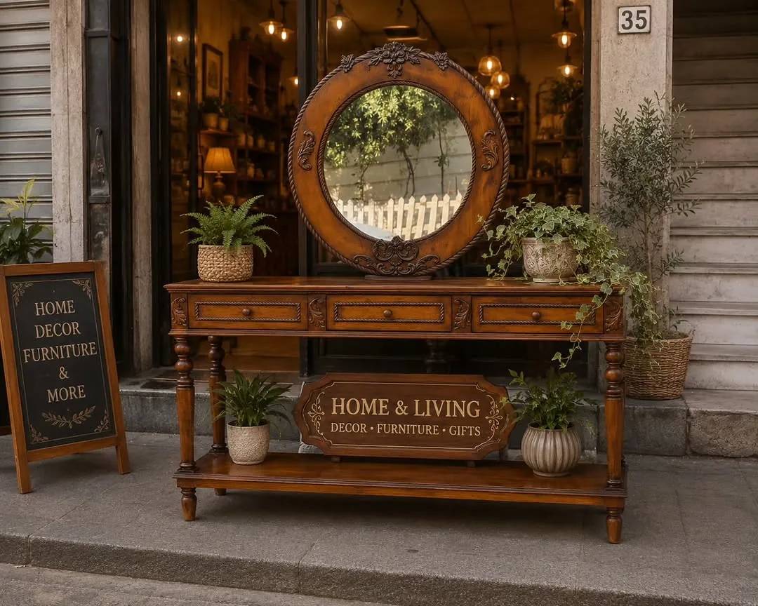 Wooden Console Table with Round Mirror