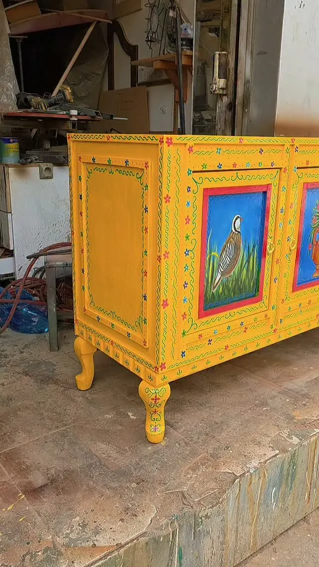 Hand-Painted Yellow Wooden Cabinet