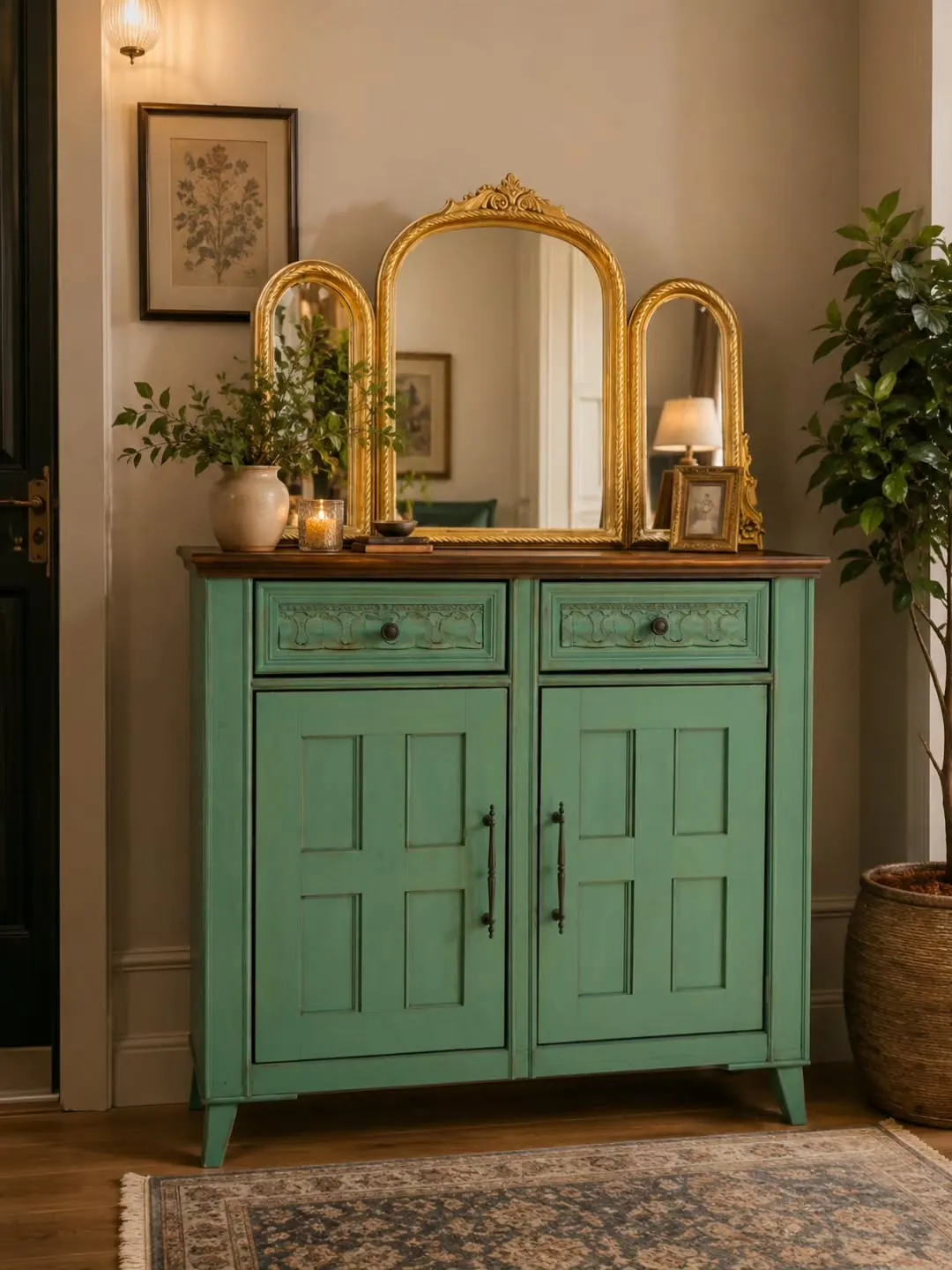 Vintage Green Sideboard with Mirror