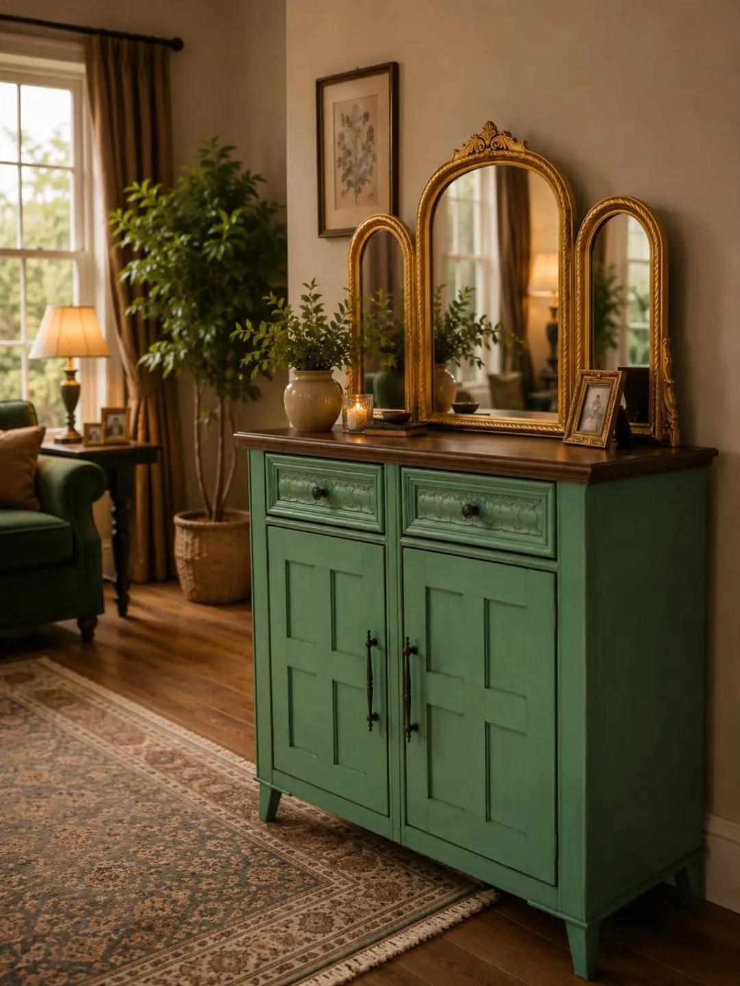 Vintage Green Sideboard with Mirror