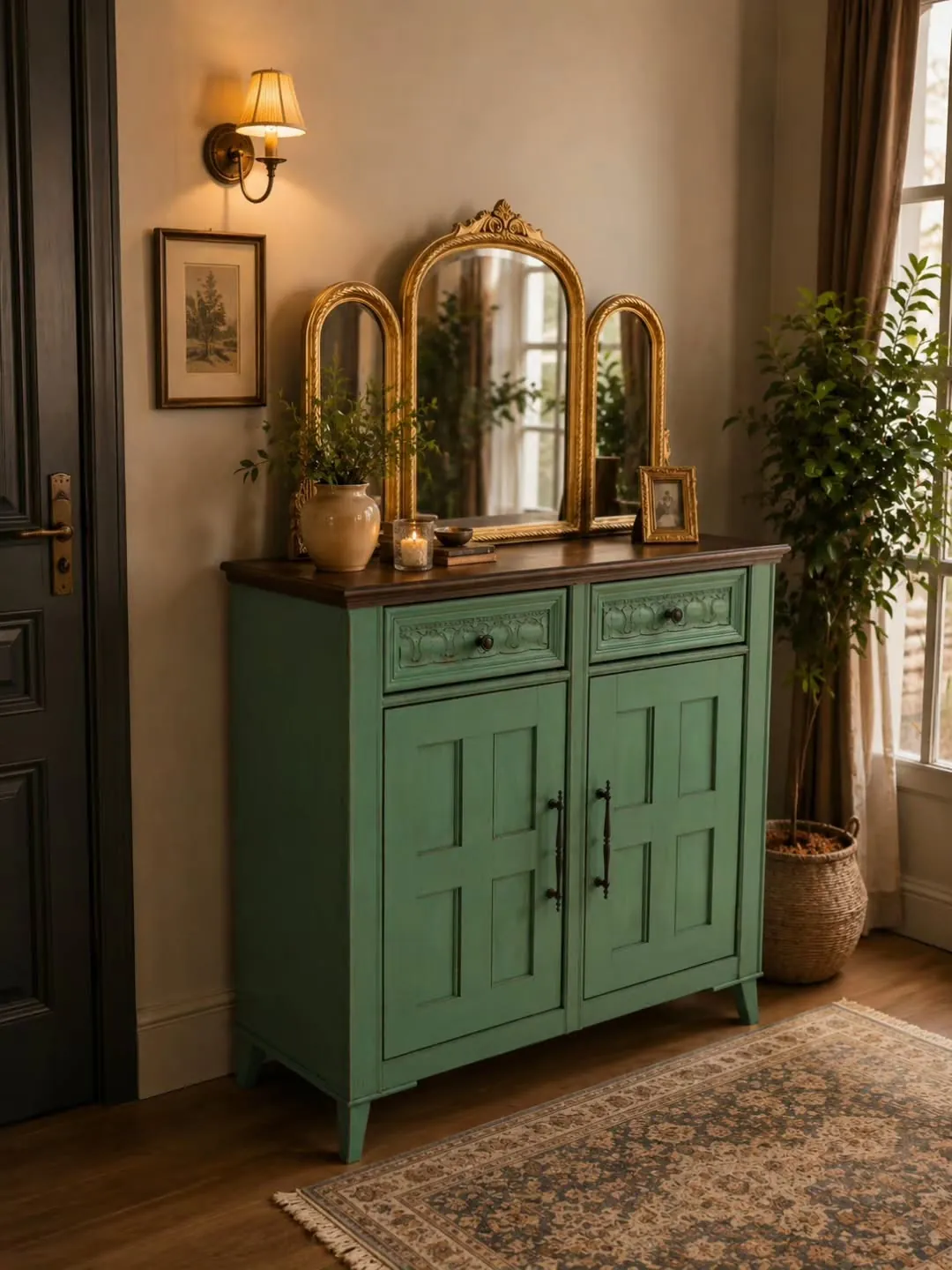 Vintage Green Sideboard with Mirror