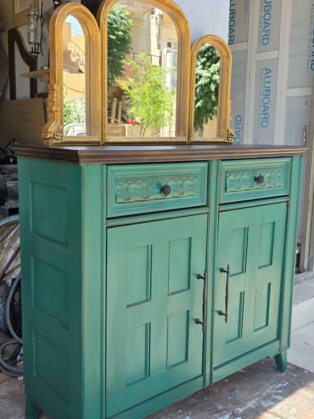 Vintage Green Sideboard with Mirror