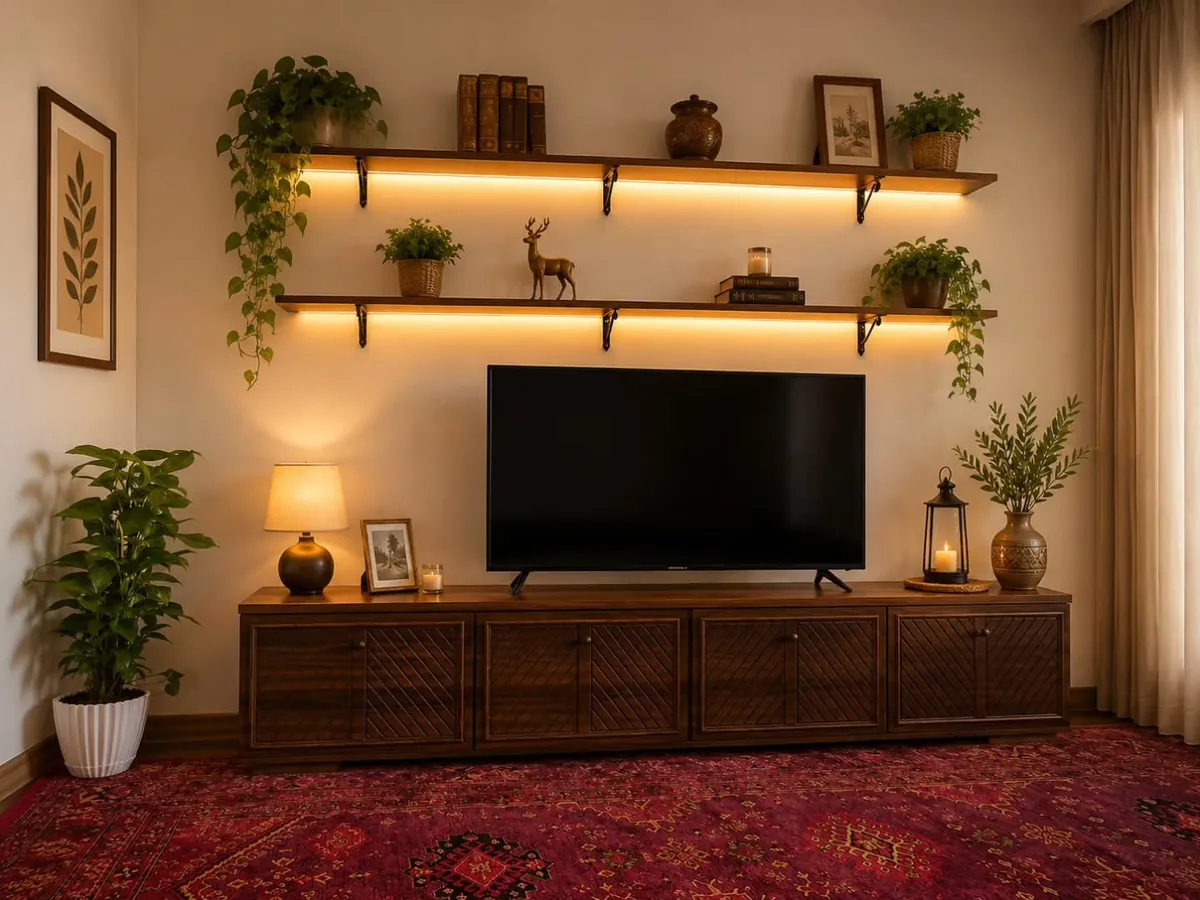 Wooden TV Stand with Floating Shelves