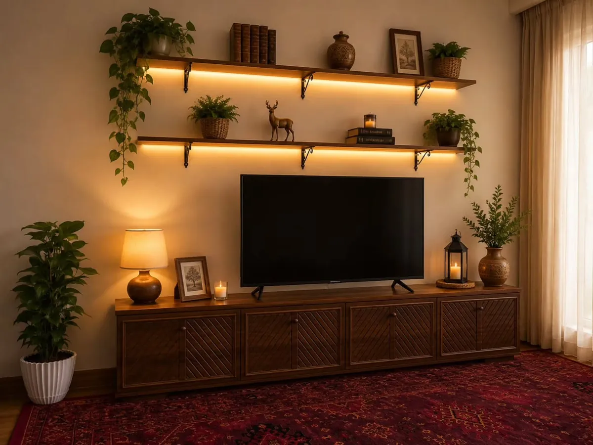 Wooden TV Stand with Floating Shelves