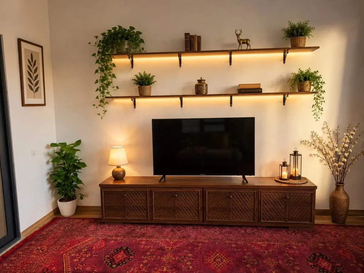 Wooden TV Stand with Floating Shelves