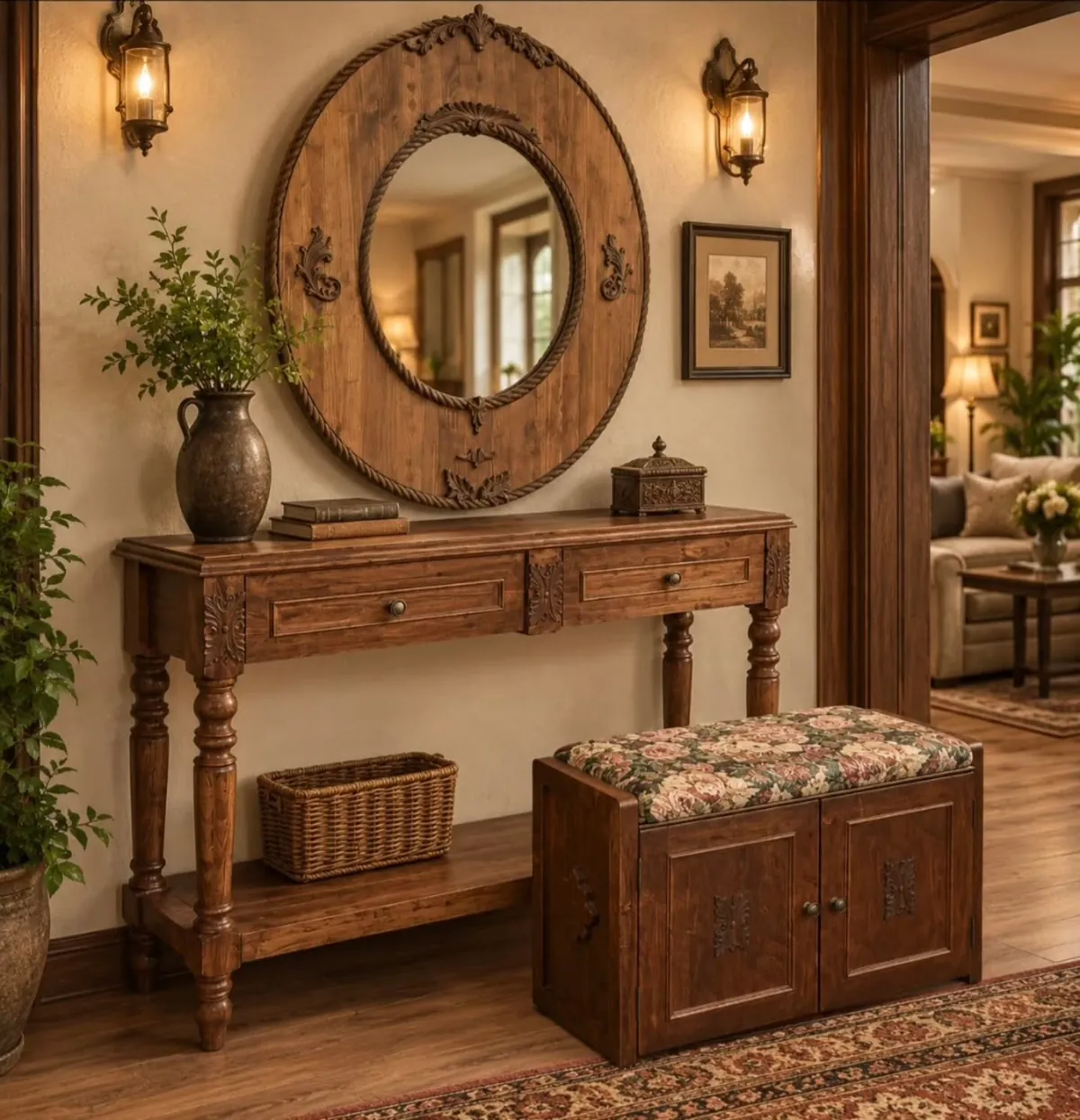Classic Wooden Console Table and Bench Set