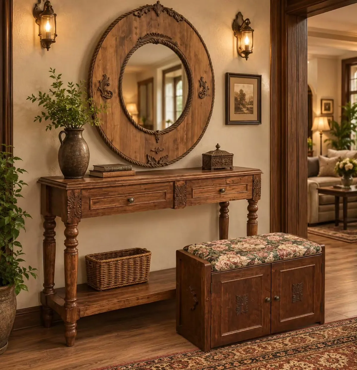 Classic Wooden Console Table and Bench Set