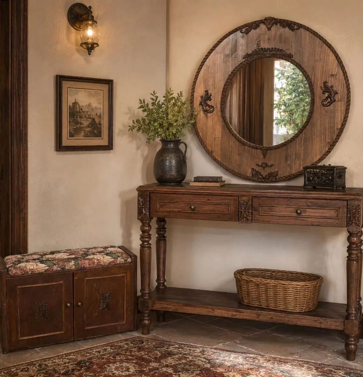 Classic Wooden Console Table and Bench Set