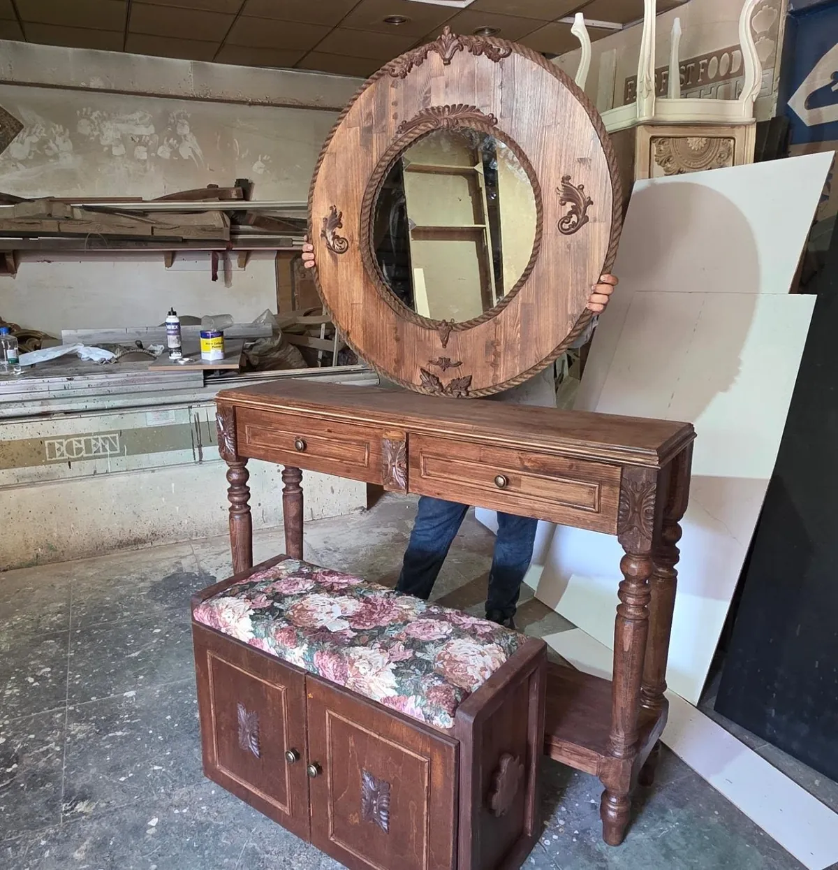 Classic Wooden Console Table and Bench Set