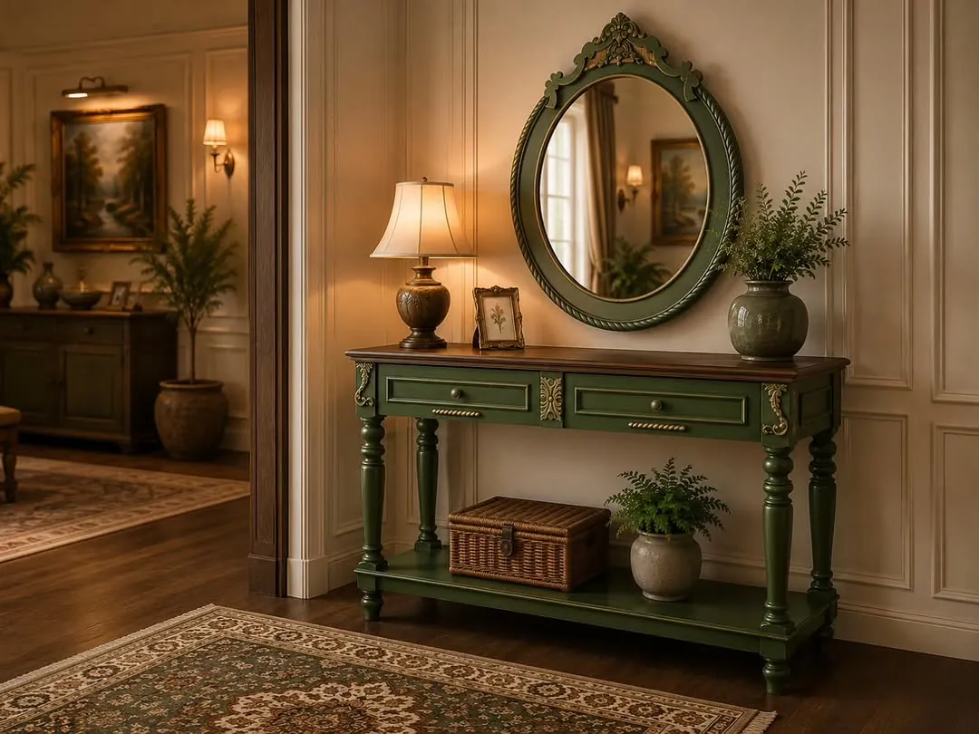 Green Decorative Console Table with Mirror