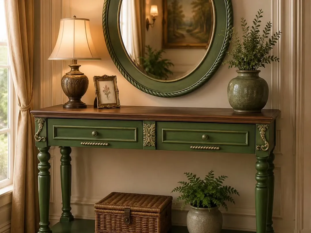 Green Decorative Console Table with Mirror