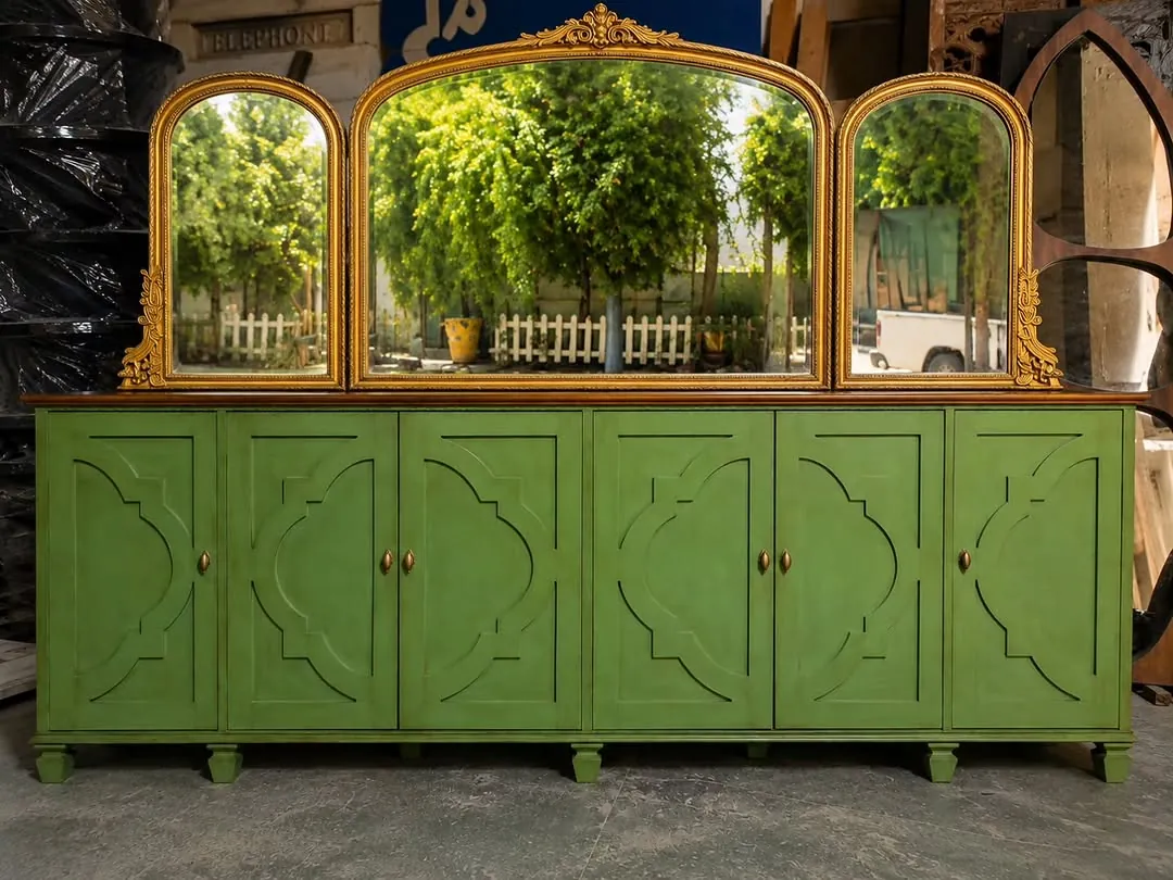 Green Wooden Sideboard with Triple Mirror