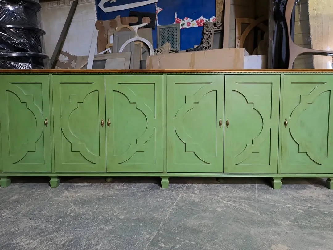 Green Wooden Sideboard with Triple Mirror