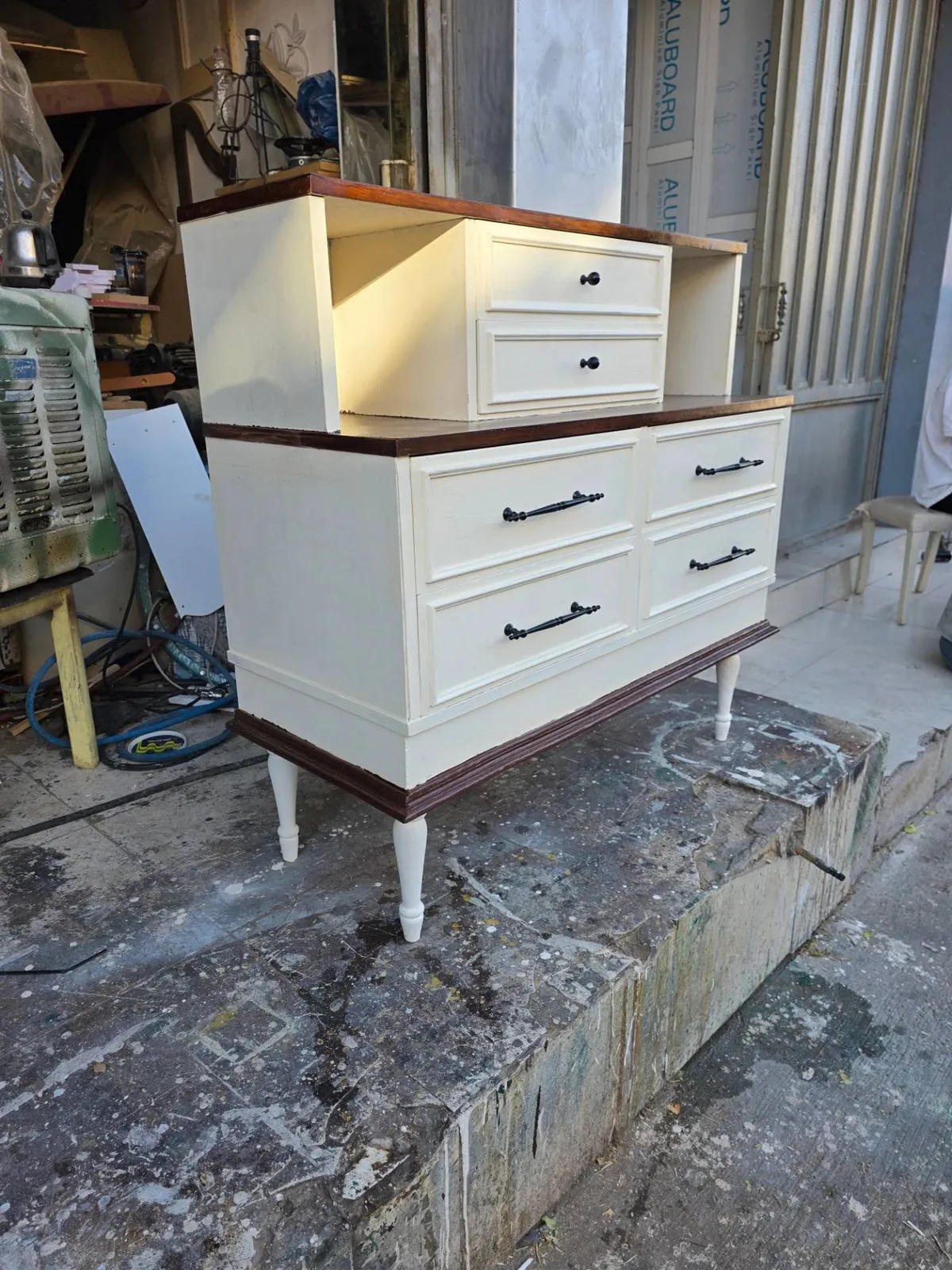 White Wooden Dresser with Brown Top