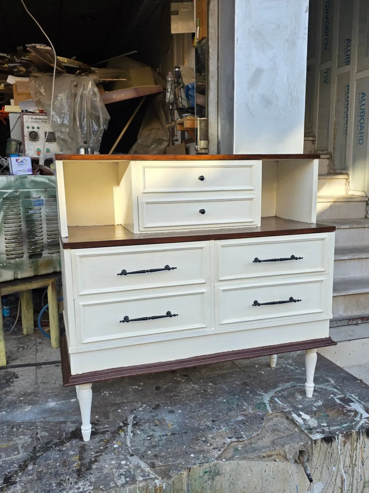 White Wooden Dresser with Brown Top