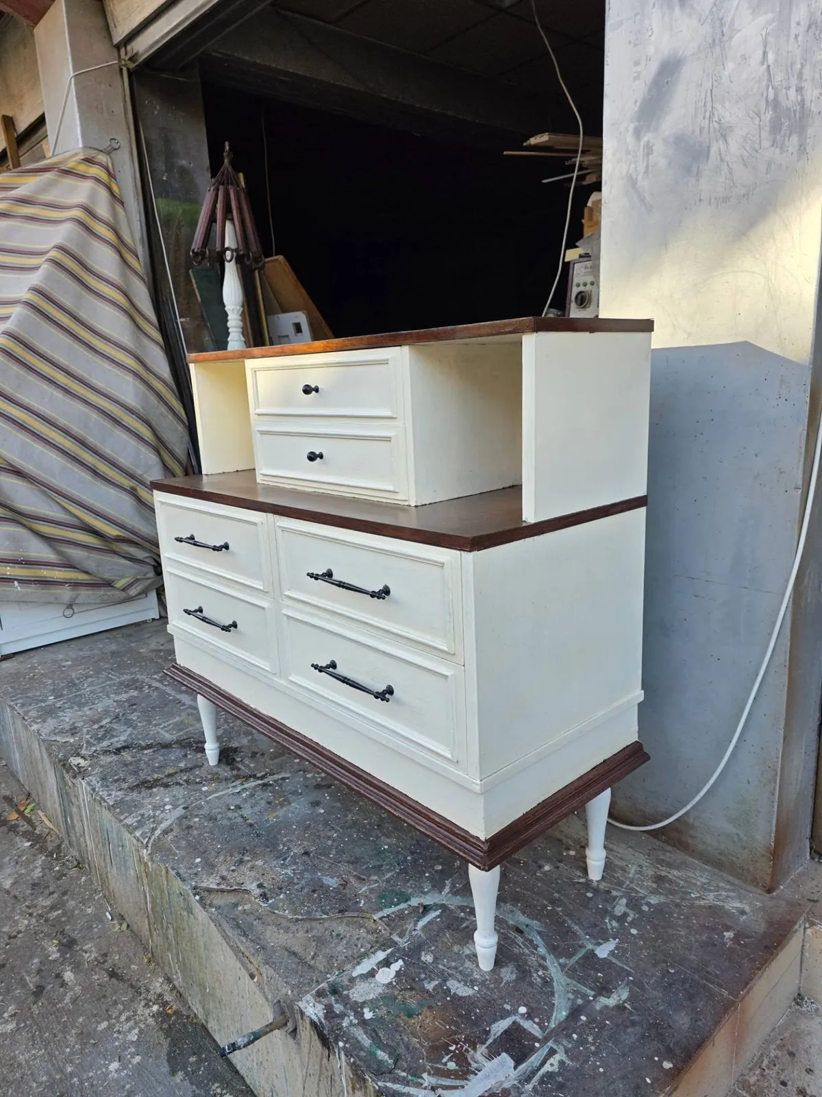 White Wooden Dresser with Brown Top