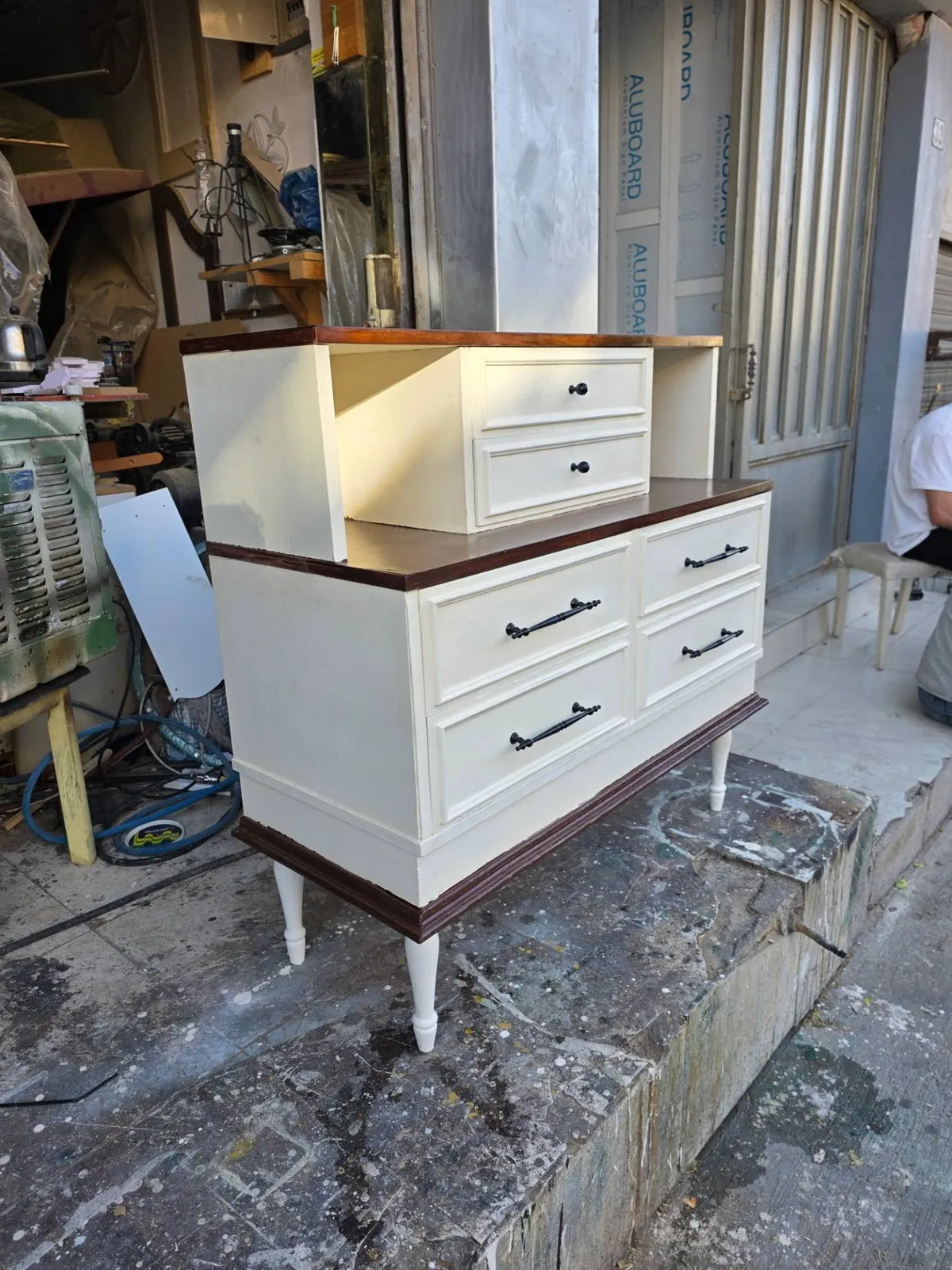 White Wooden Dresser with Brown Top