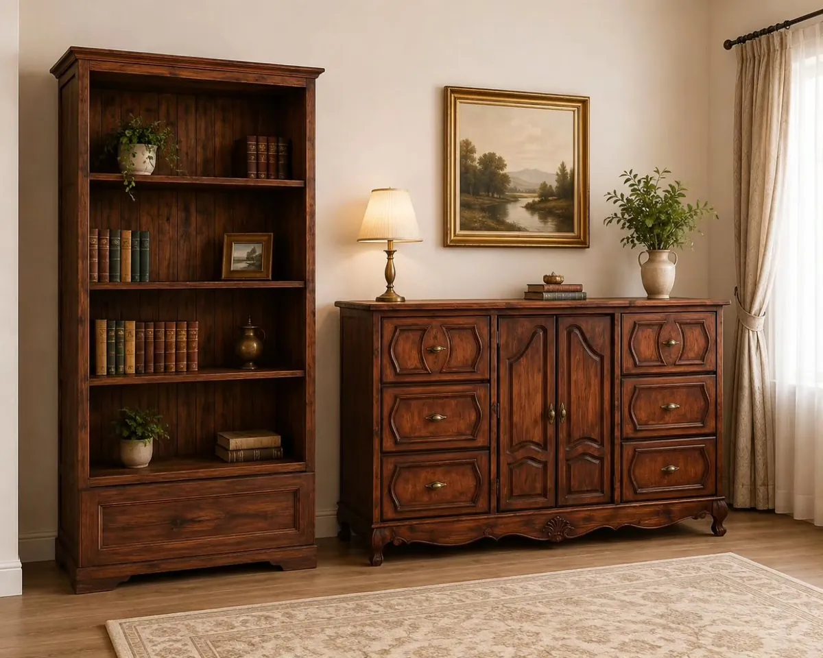 Wooden Bookcase and Sideboard Set