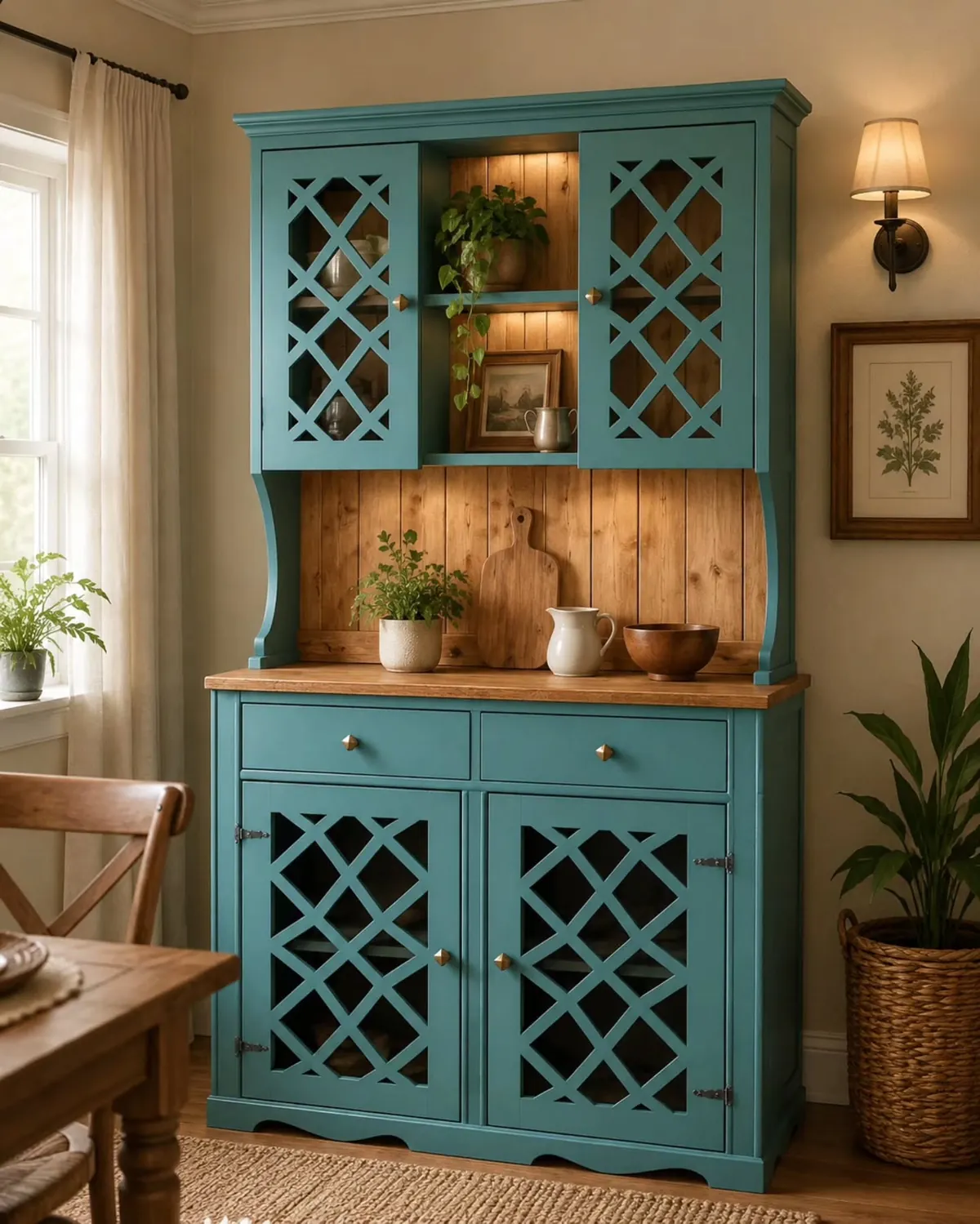 Teal Blue Wooden Kitchen Hutch