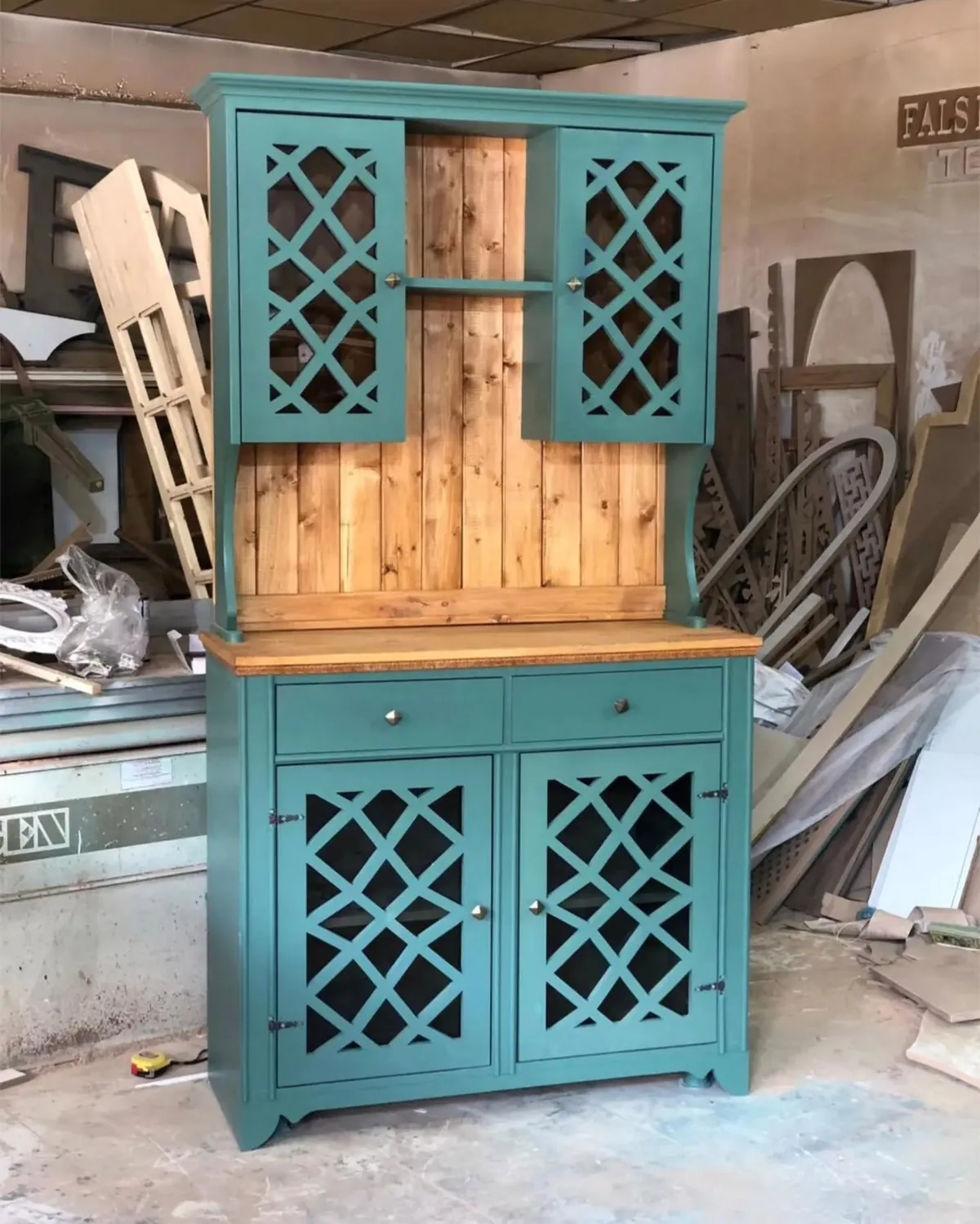 Teal Blue Wooden Kitchen Hutch