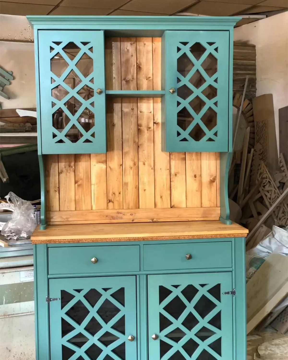 Teal Blue Wooden Kitchen Hutch