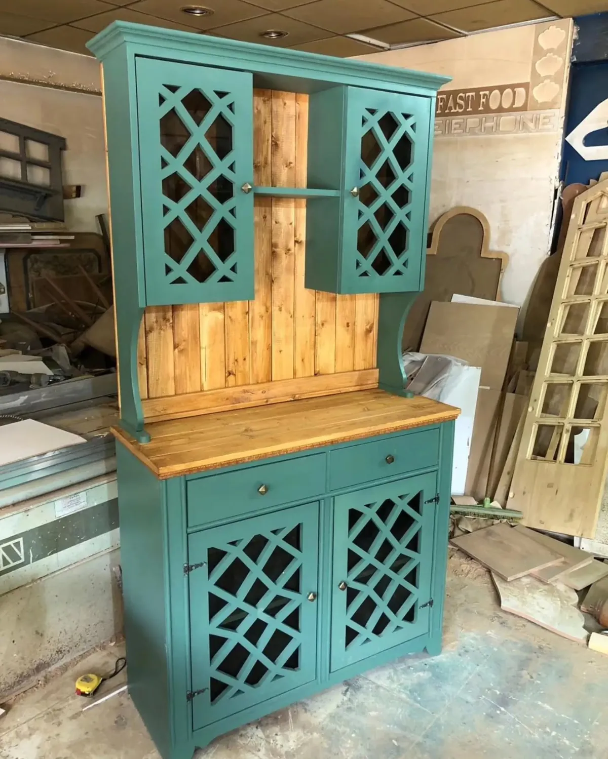 Teal Blue Wooden Kitchen Hutch