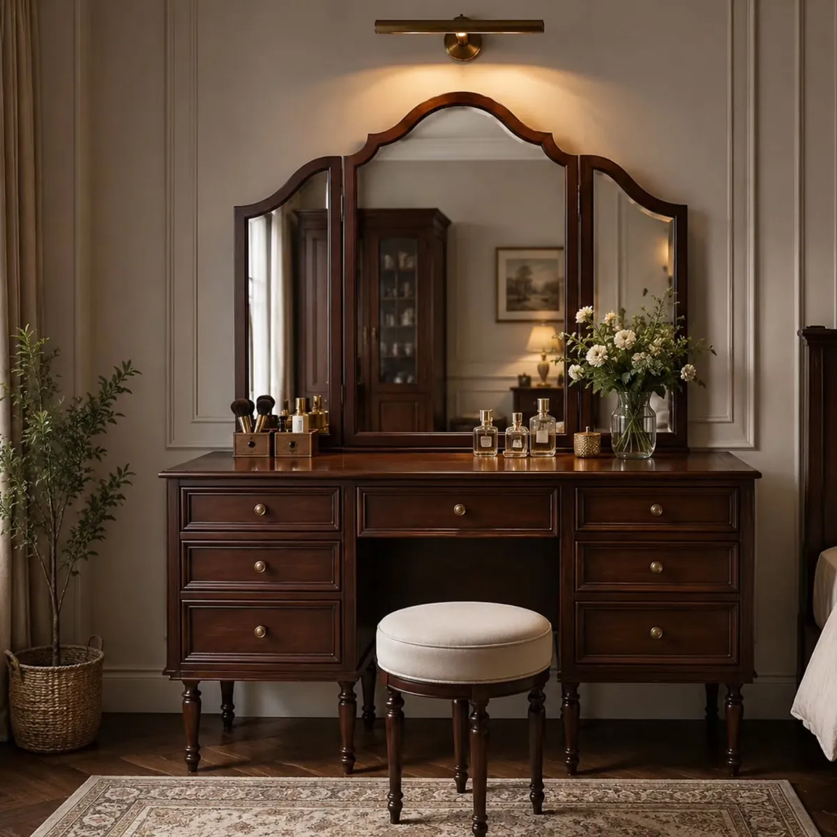 Classic Wooden Dressing Table with Mirror and Stool