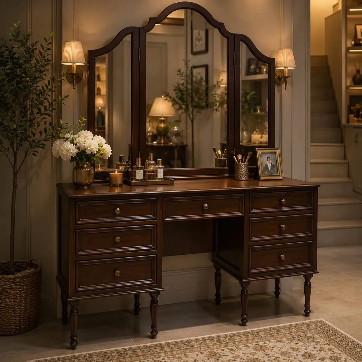 Classic Wooden Dressing Table with Mirror and Stool