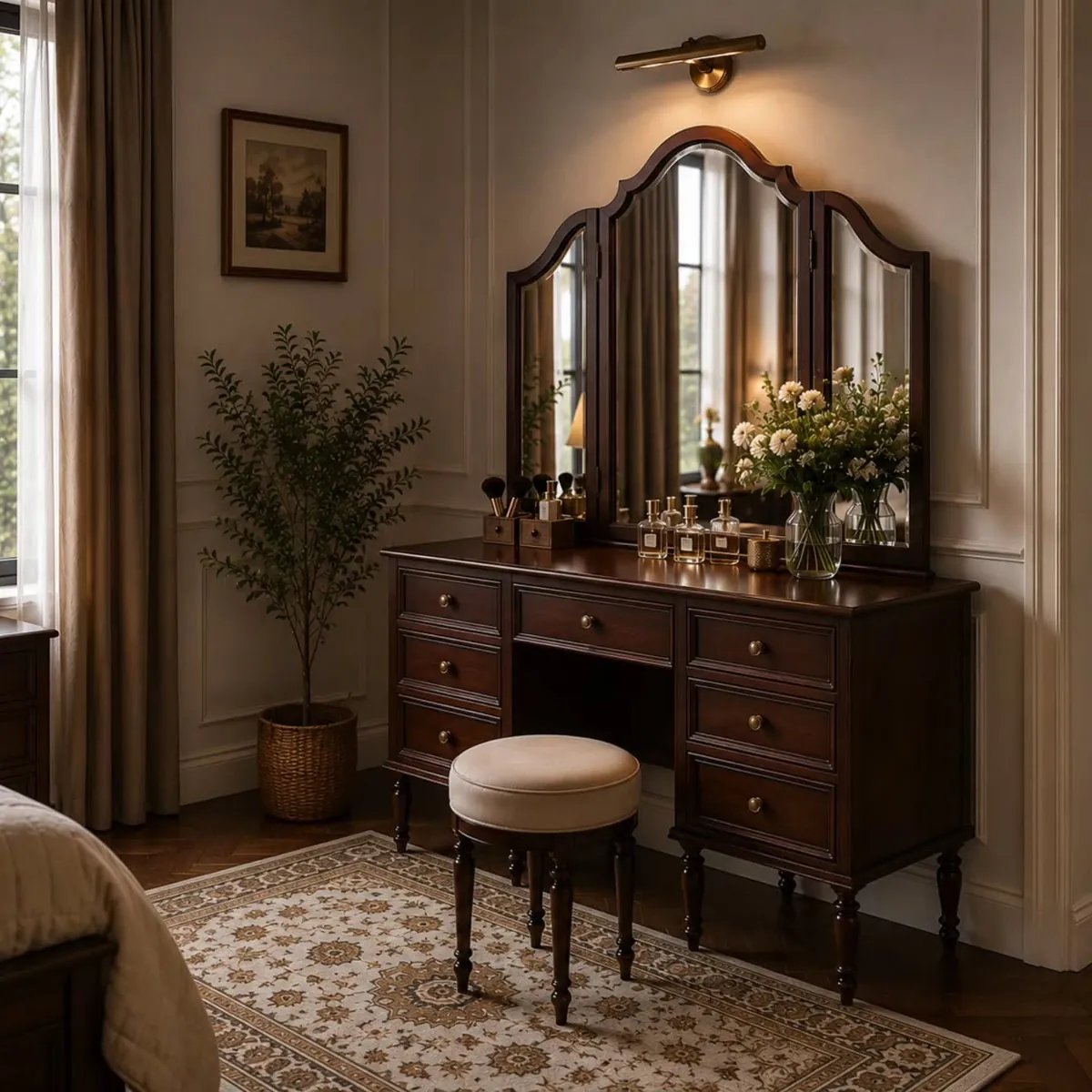 Classic Wooden Dressing Table with Mirror and Stool