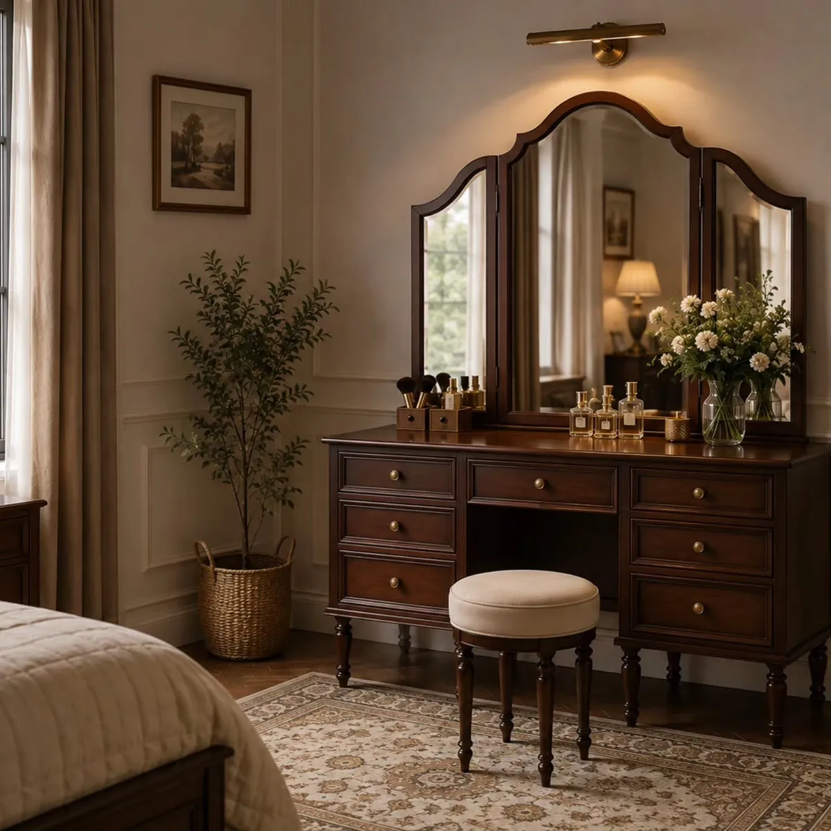 Classic Wooden Dressing Table with Mirror and Stool