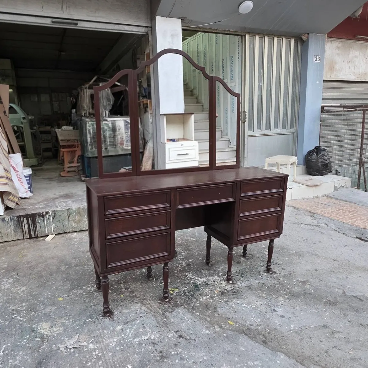 Classic Wooden Dressing Table with Mirror and Stool