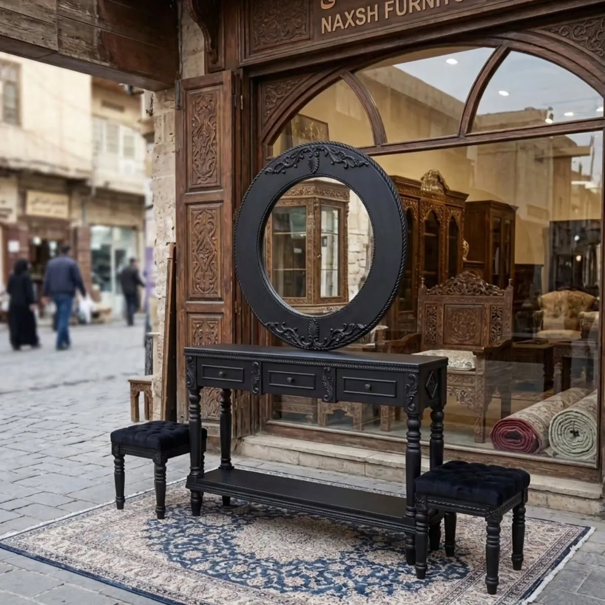 Black Dressing Table with Round Mirror and Stools