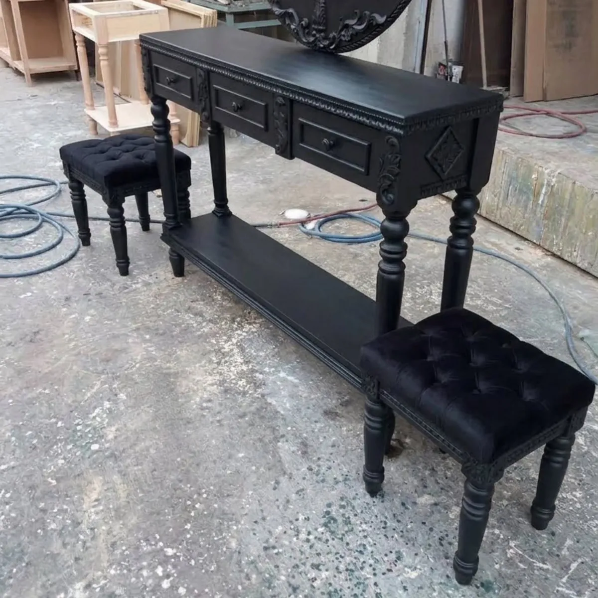Black Dressing Table with Round Mirror and Stools