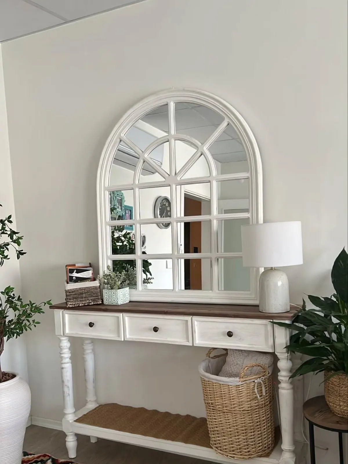 White Console Table with Arched Window Mirror