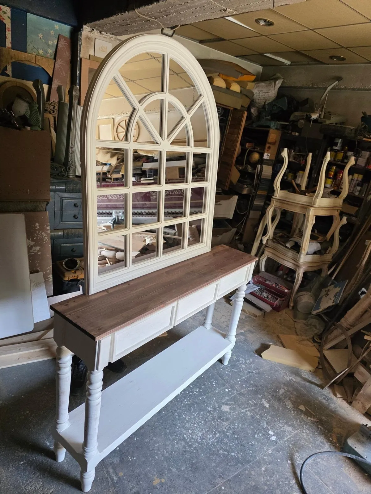 White Console Table with Arched Window Mirror