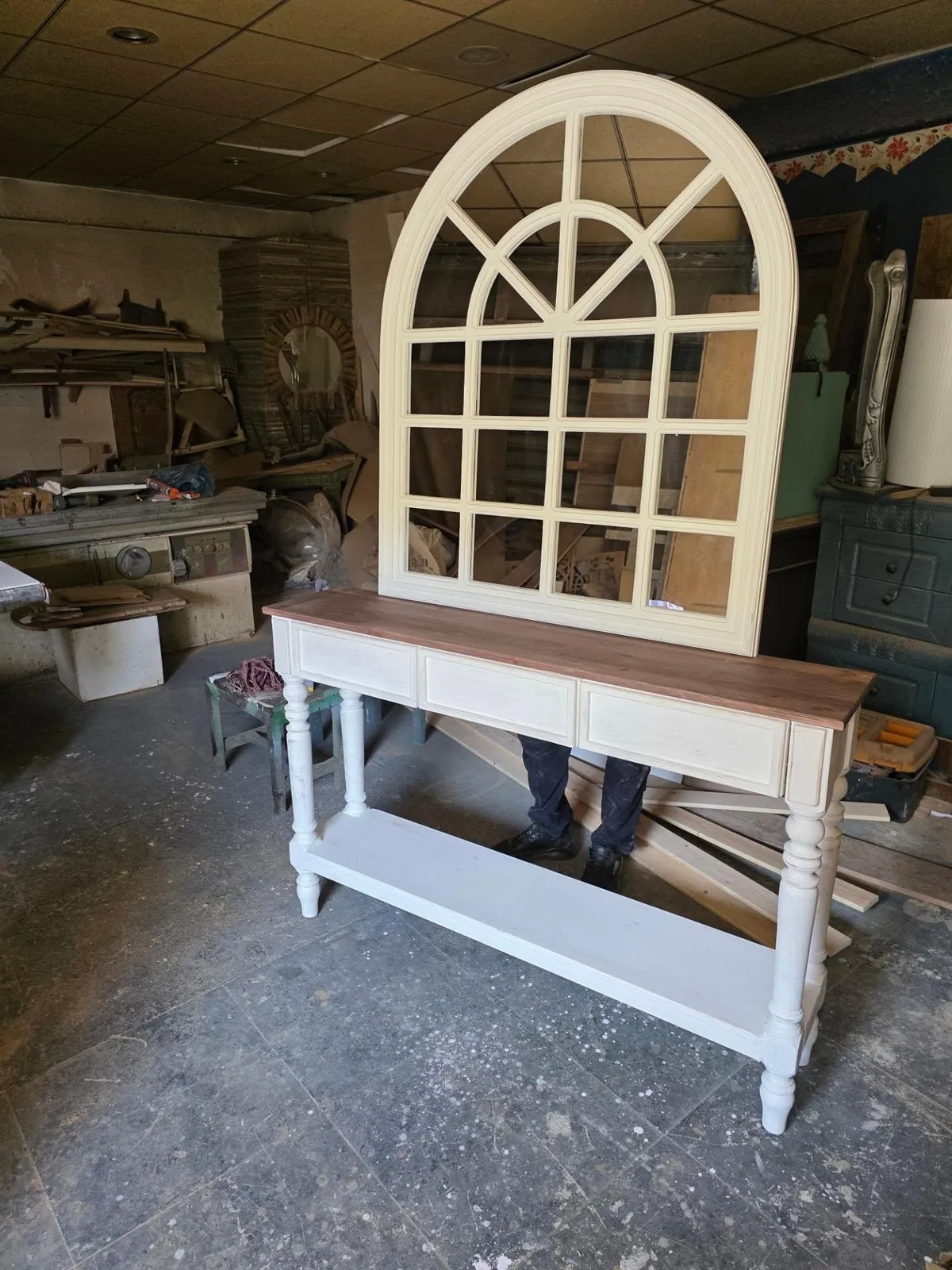 White Console Table with Arched Window Mirror