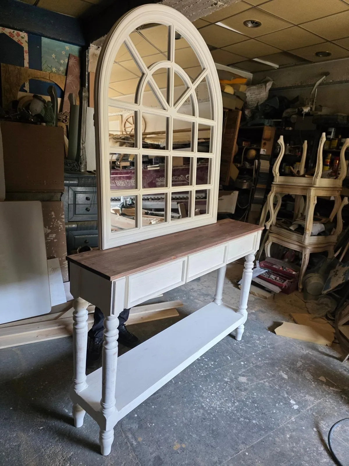 White Console Table with Arched Window Mirror