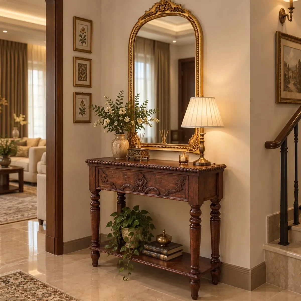 Classic Wooden Console Table with Gold Mirror