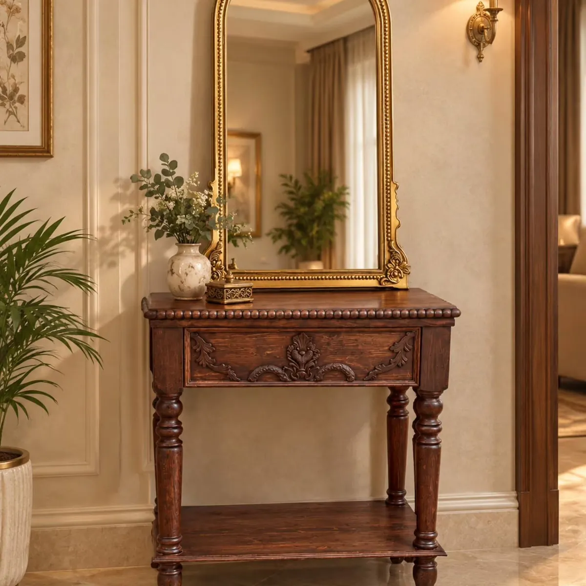 Classic Wooden Console Table with Gold Mirror