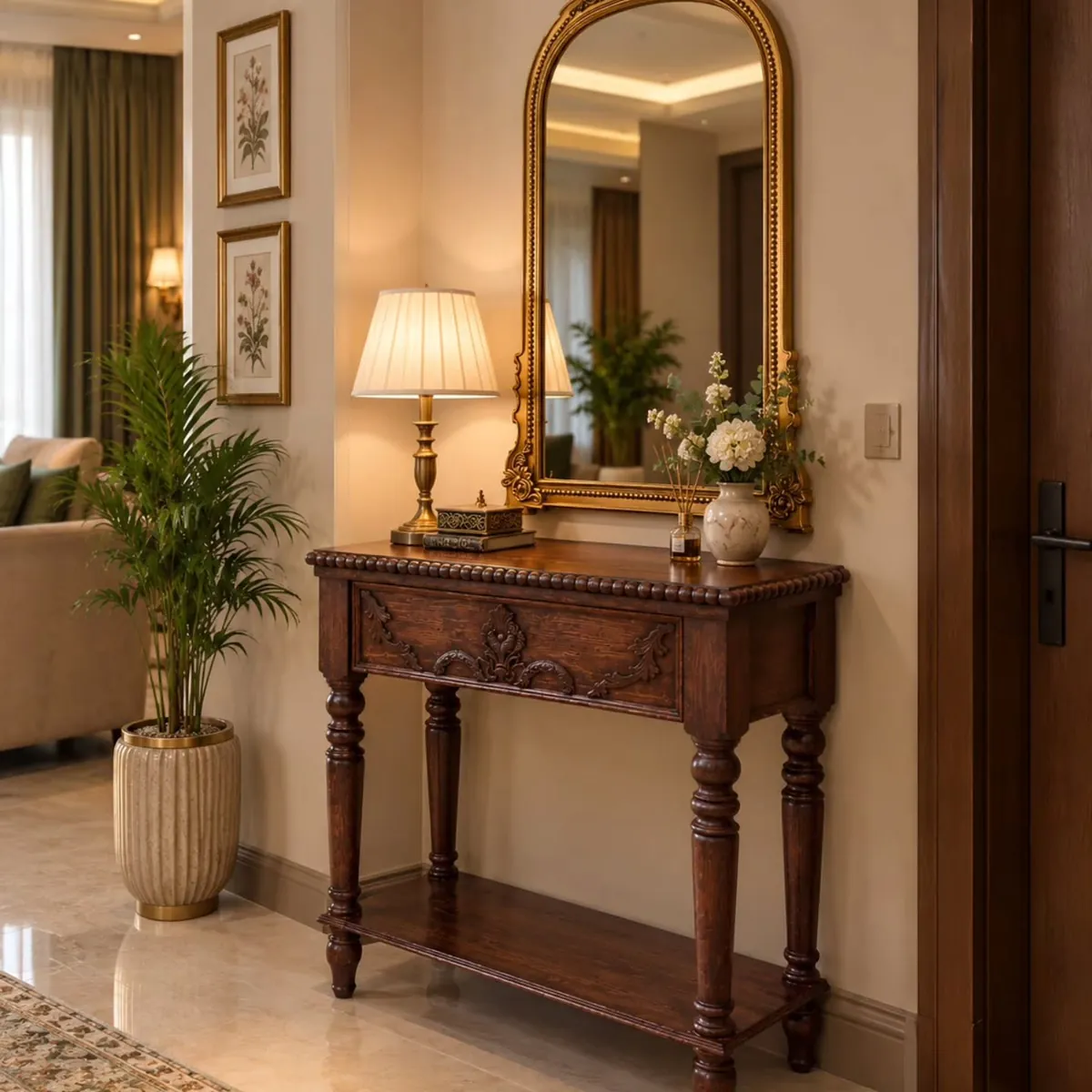 Classic Wooden Console Table with Gold Mirror