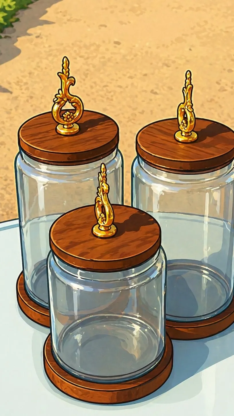Glass Storage Jars with Wooden Lids and Gold Handles