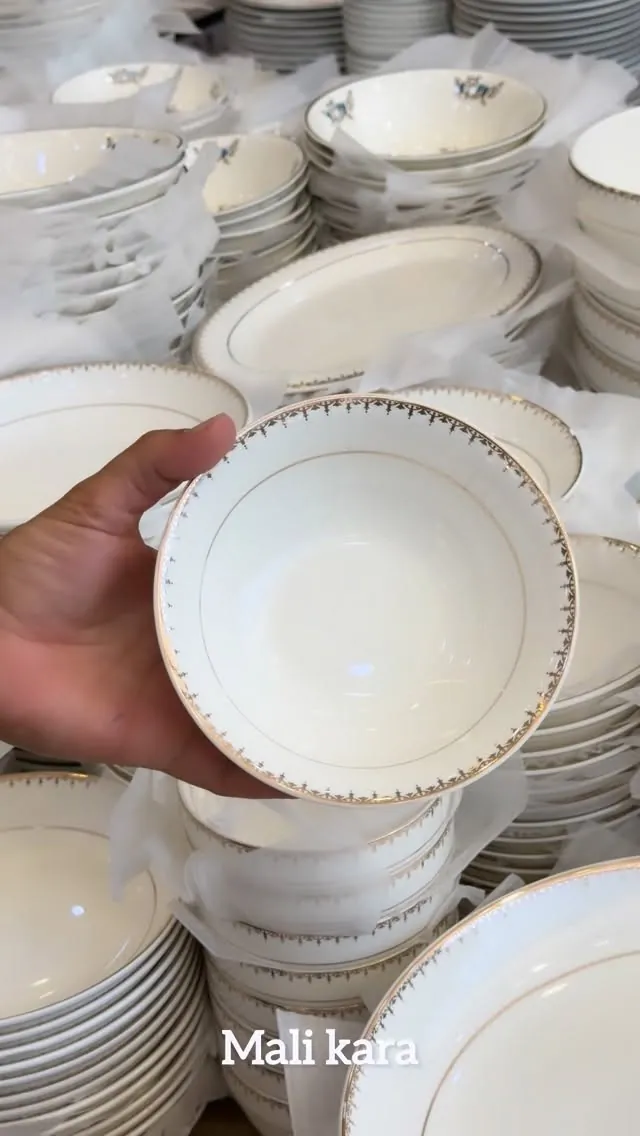 White Ceramic Bowl Set with Gold Trim