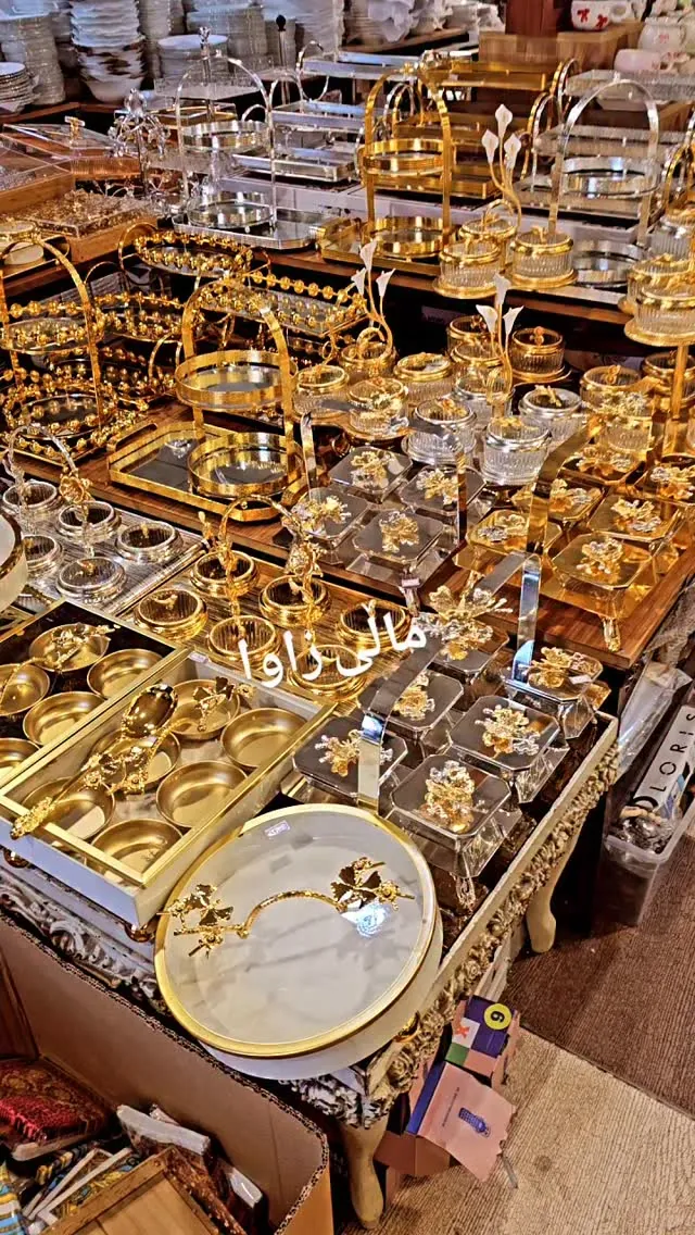 Decorative Gold Serving Trays and Glassware Set