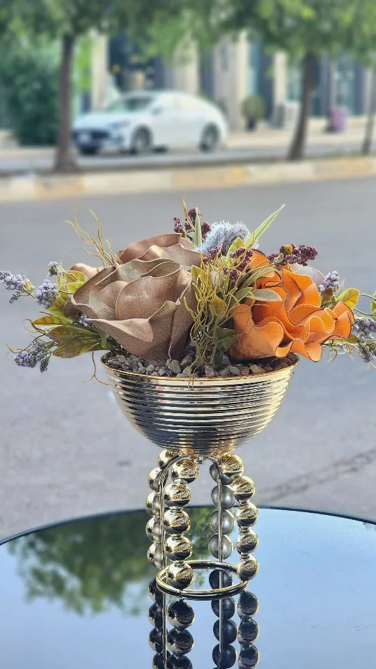 Decorative Gold Flower Bowl with Artificial Flowers