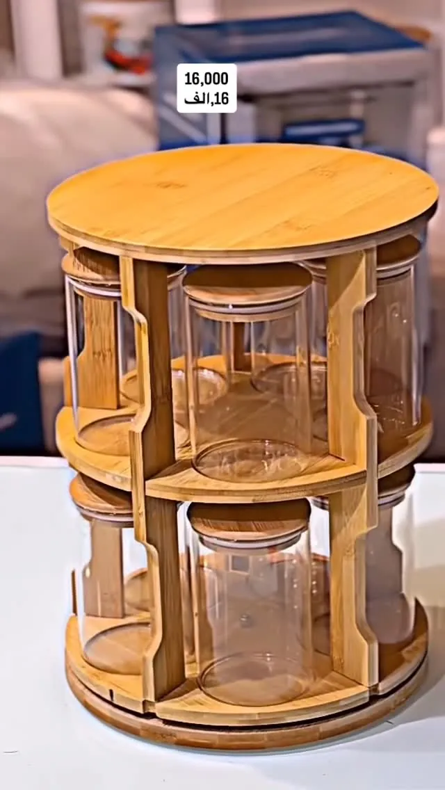 Rotating Wooden Spice Rack with Glass Jars