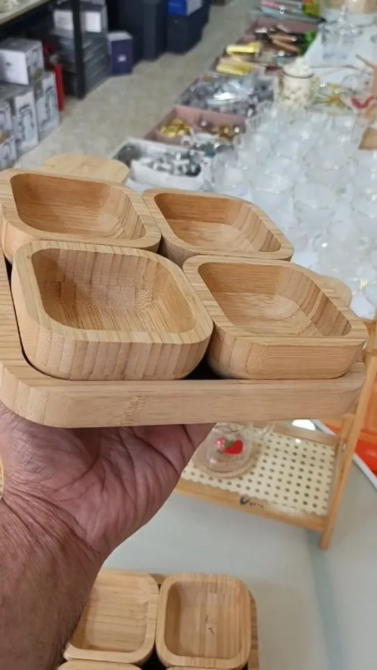 Wooden Serving Tray with 4 Bowls
