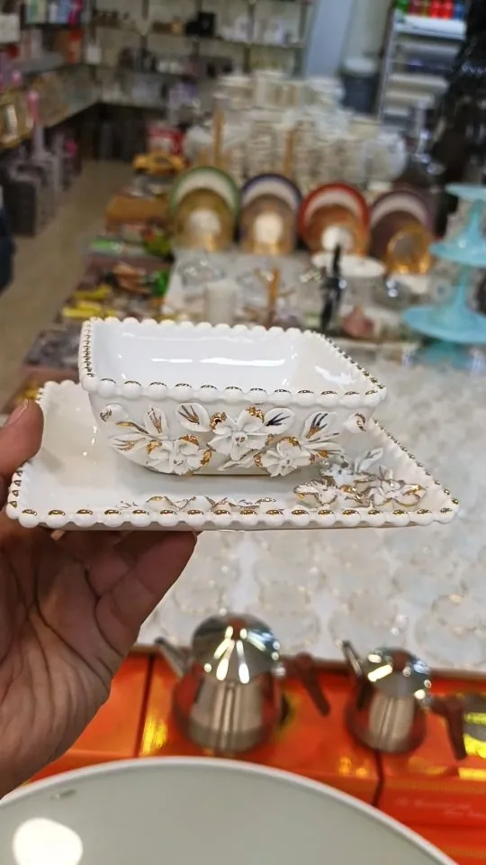 White Ceramic Floral Serving Bowl and Plate Set