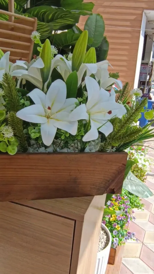 Artificial White Lily Flower Arrangement in Wooden Planter